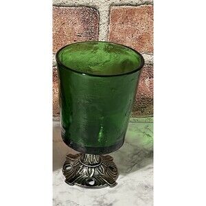 Vintage Green Glass Goblet Candle Holder Silver Tone Ornate Footed Textured